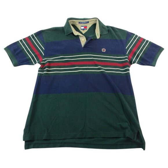Tommy Hilfiger Polo Shirt Mens Large Green Stripe Golf Performance High Low Slit - Picture 1 of 8